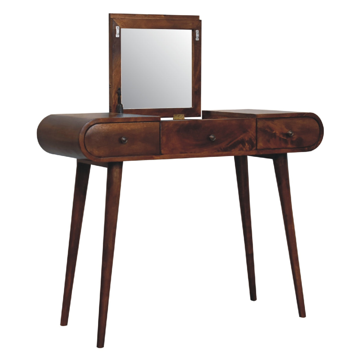 Coiffeuse à miroir pliable 3 tiroirs en manguier massif – Châtaigne – vue 5