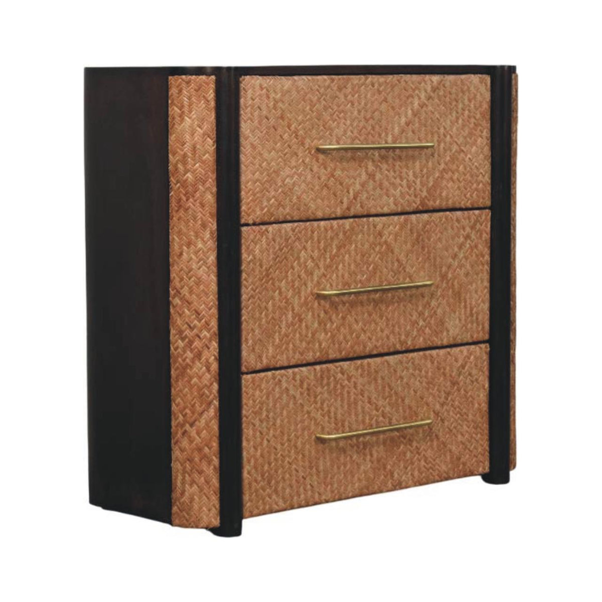 Commode à 3 tiroirs tressés en manguier massif – Moka – vue 2