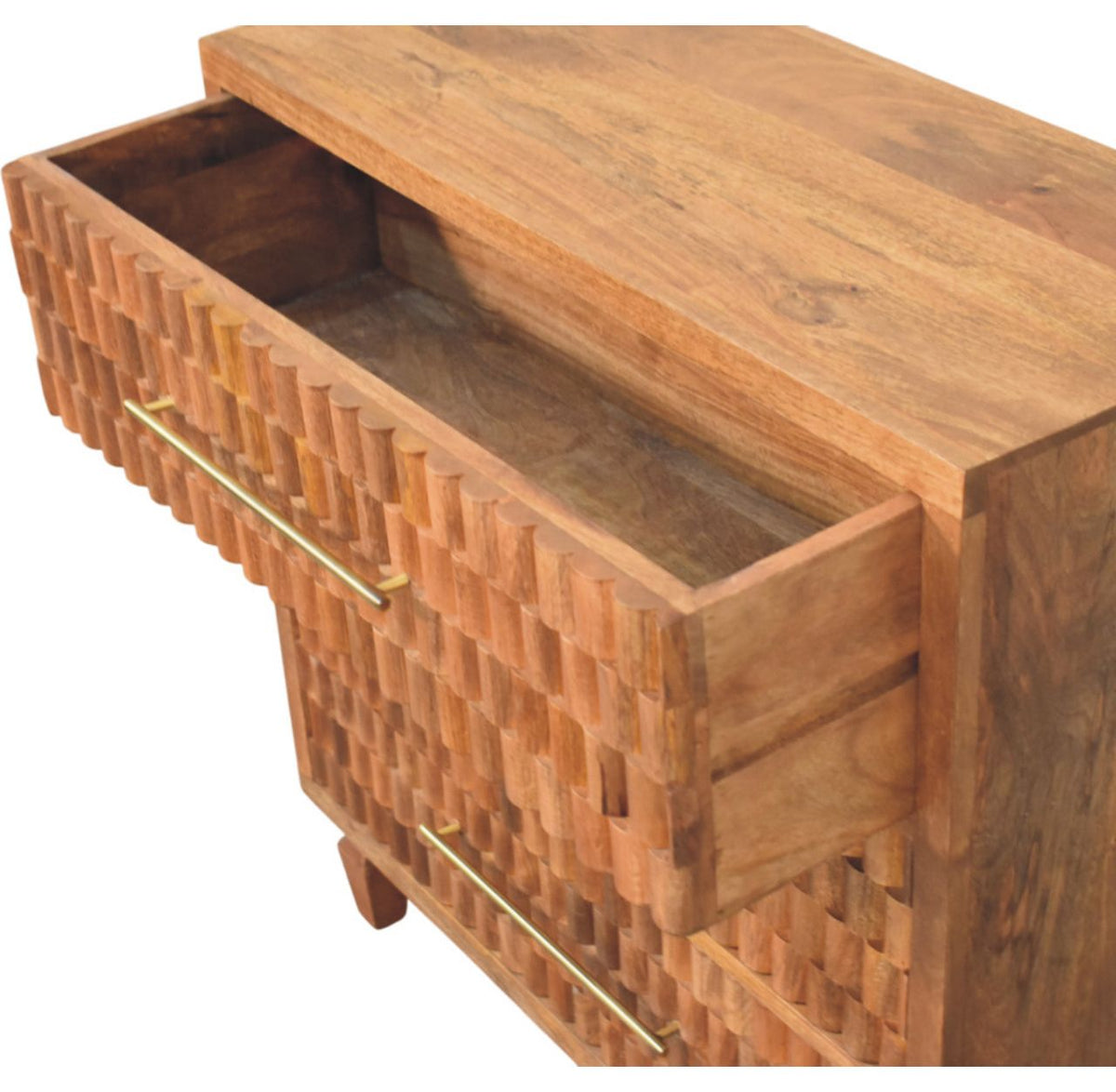 Commode à façades sculptées en manguier massif – Miel doré – vue 6