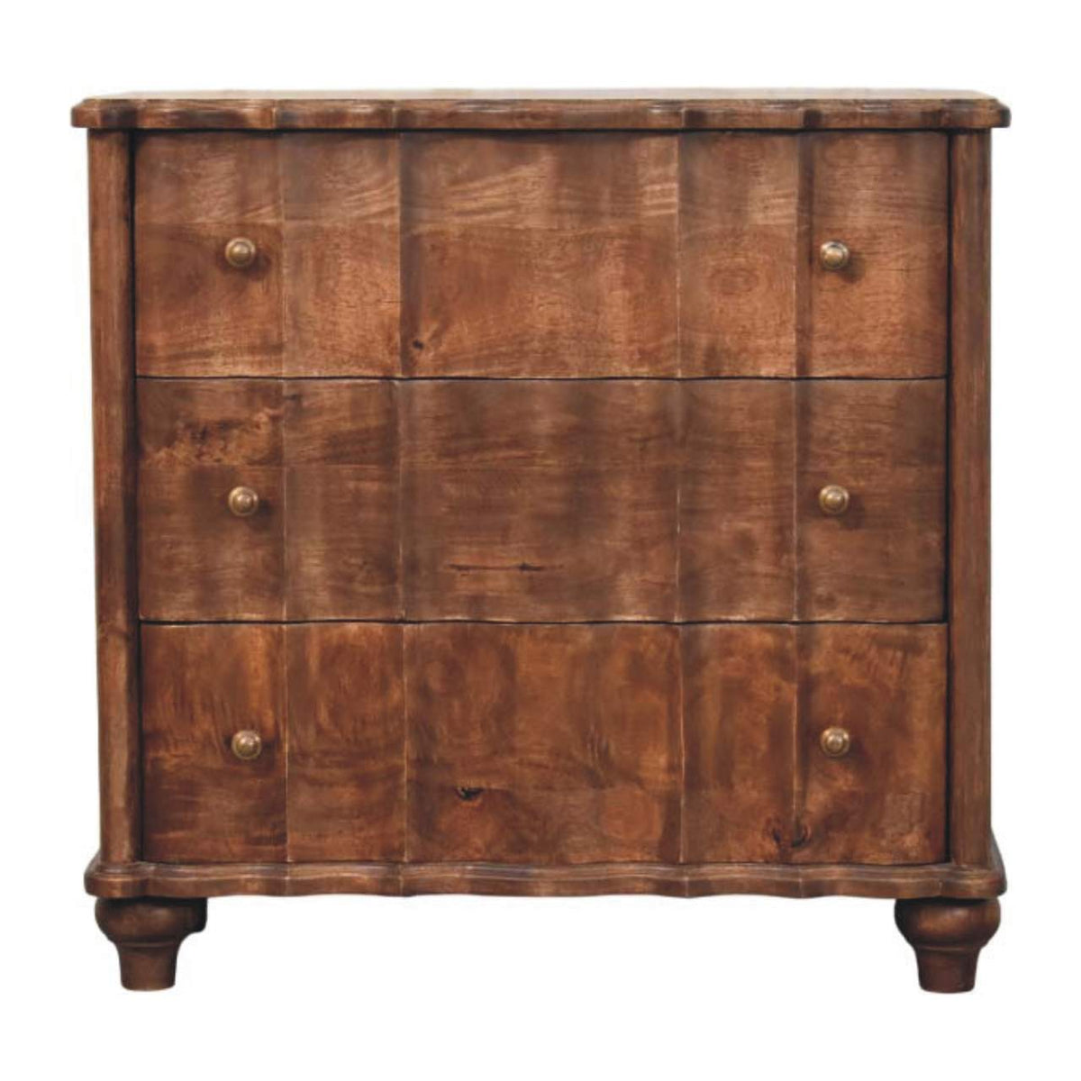 Commode en manguier massif amande grillée, façade à panneaux en relief, tiroirs, pieds arrondis