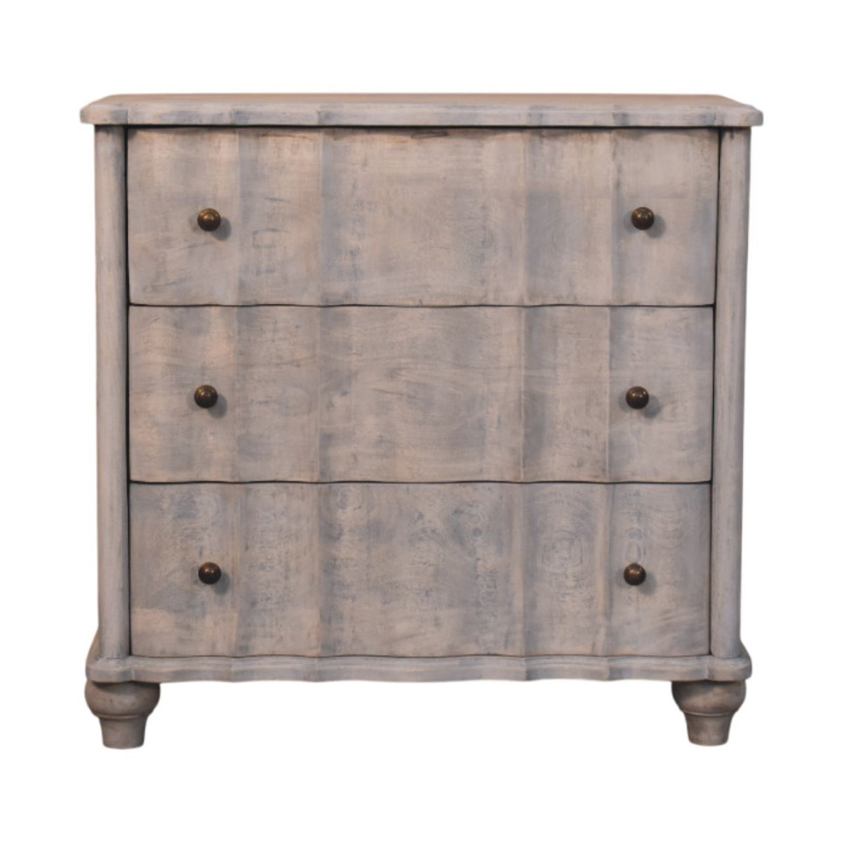 Commode en manguier massif finition délavée vintage, façade à panneaux, tiroirs et pieds galbés