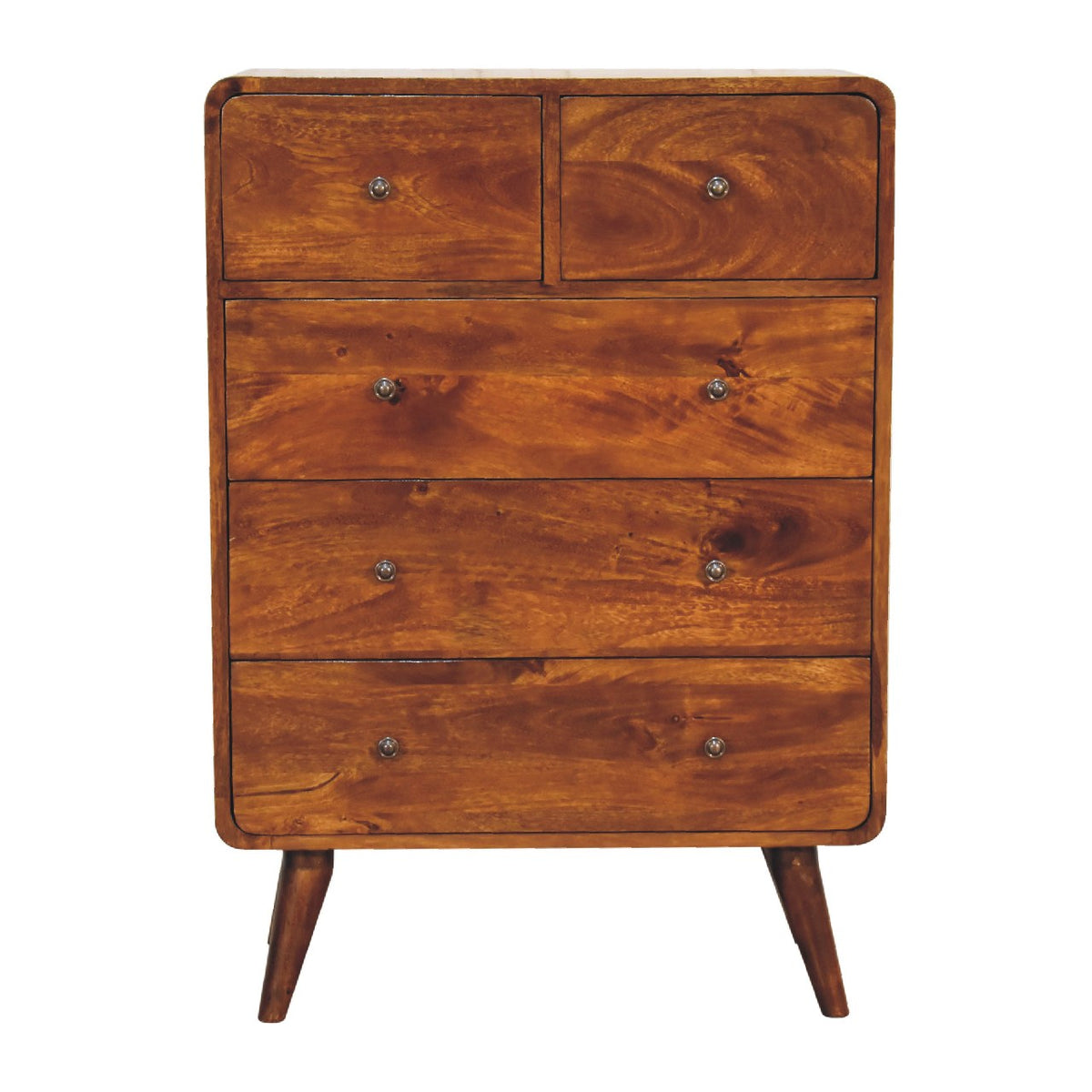 Commode arrondie en manguier massif teinte châtaigne, deux tiroirs au-dessus de trois, pieds nordiques