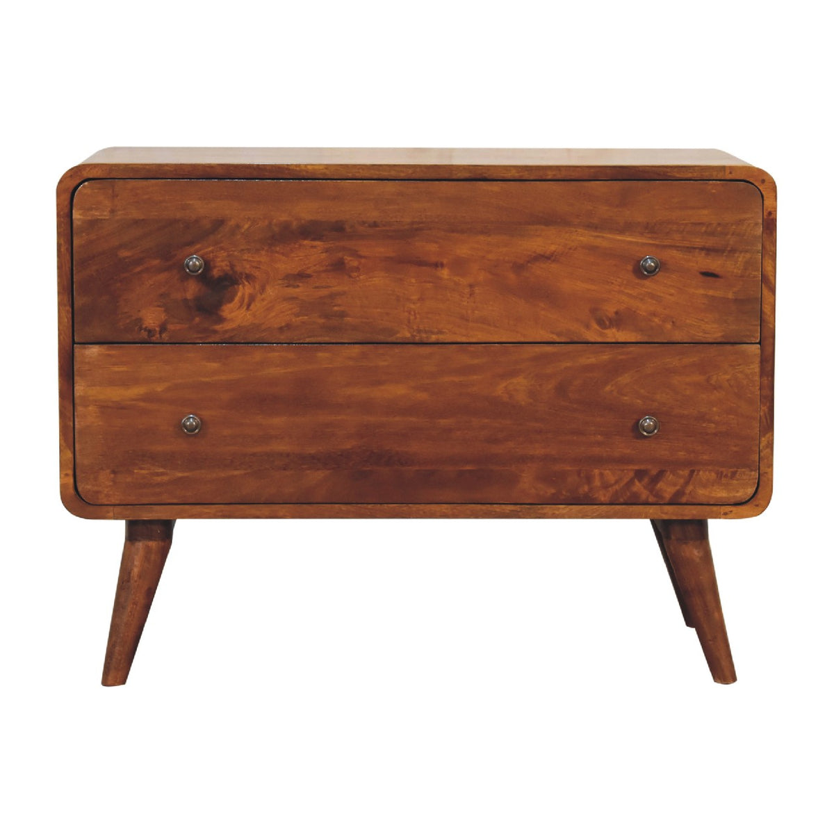 Commode arrondie en manguier massif teinte châtaigne, deux tiroirs à boutons brillants, pieds nordiques