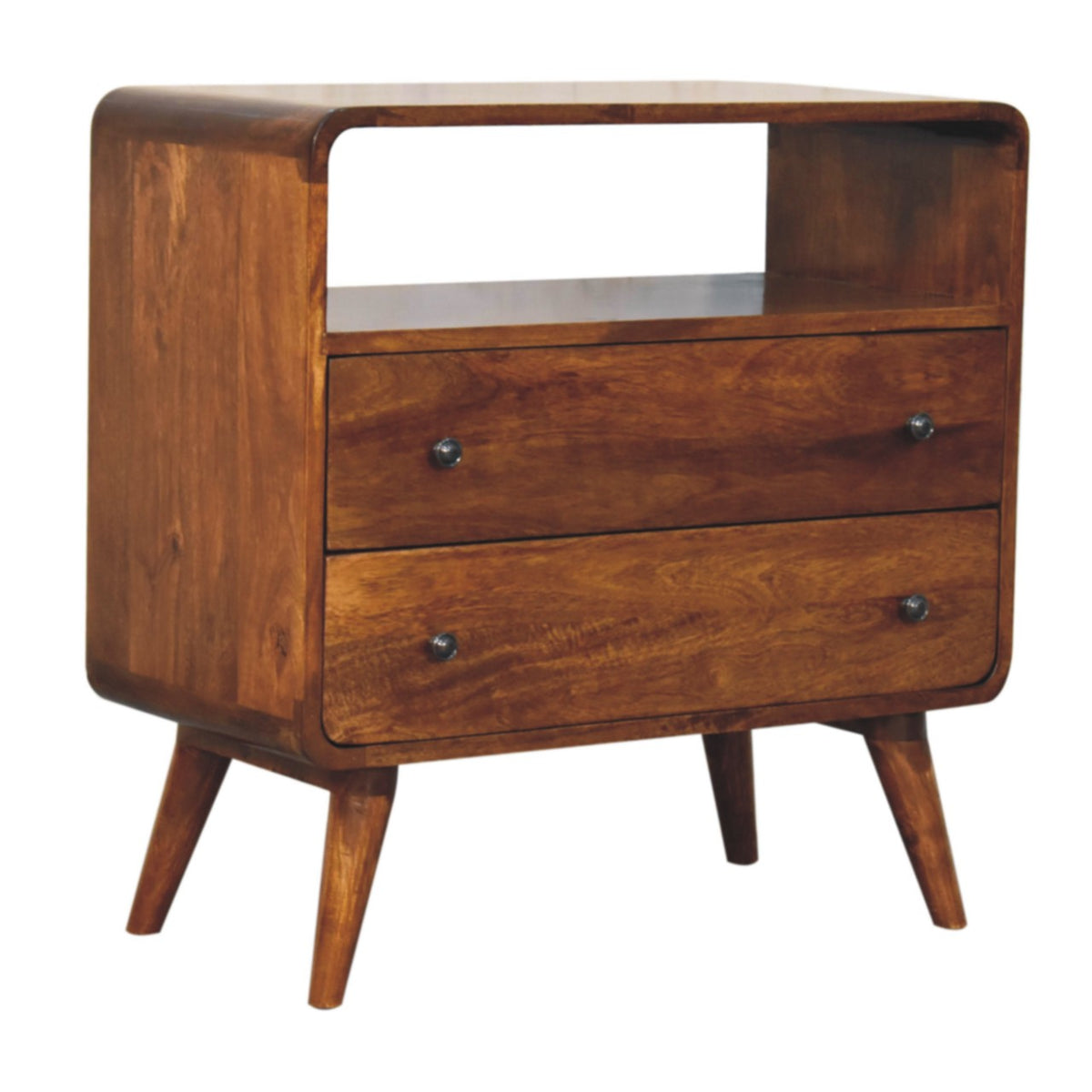 Commode arrondie 2 tiroirs et niche en manguier massif – Châtaigne – vue 2