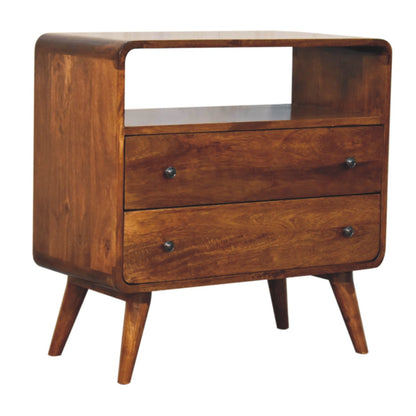 Commode arrondie 2 tiroirs et niche en manguier massif – Châtaigne – vue 2