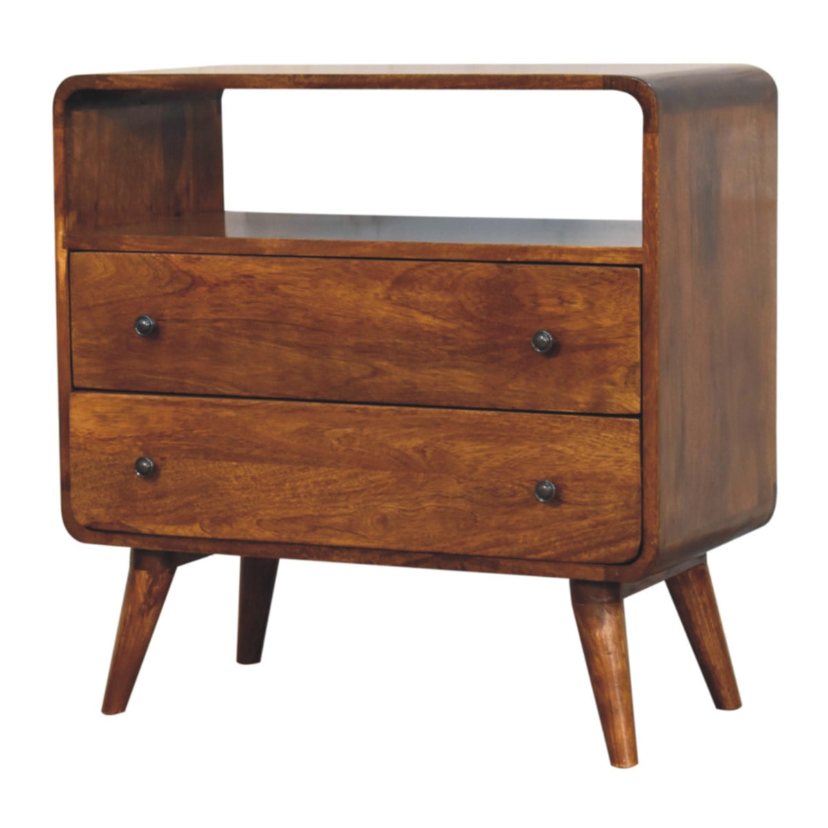Commode arrondie 2 tiroirs et niche en manguier massif – Châtaigne – vue 3