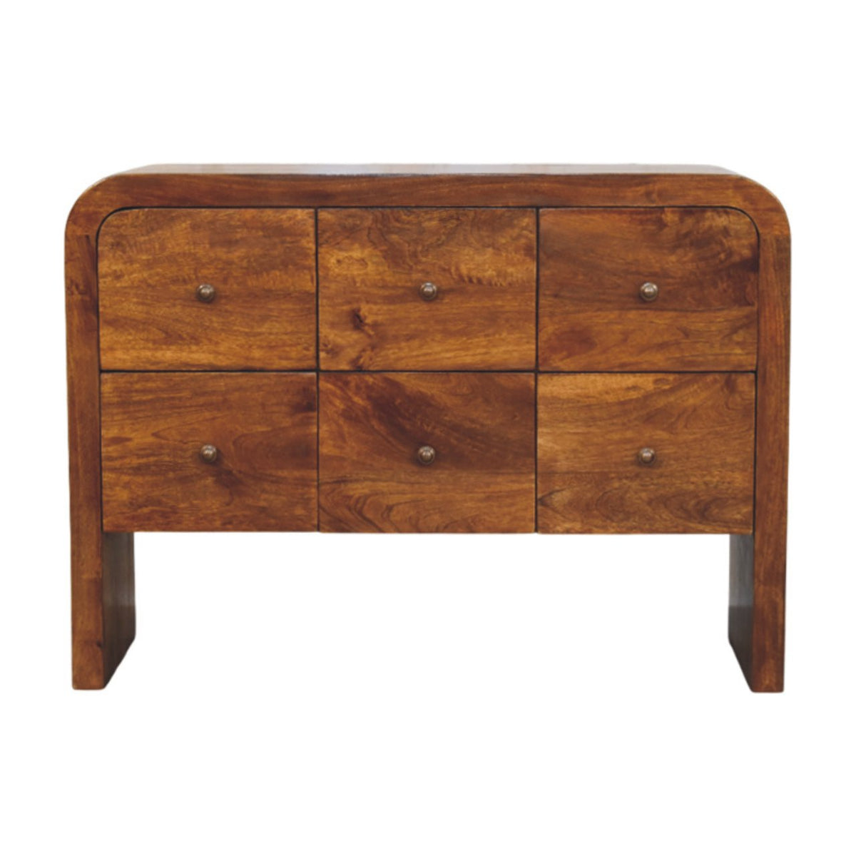 Commode arrondie en manguier massif teinte châtaigne, tiroirs en 3 + 3 à boutons en laiton