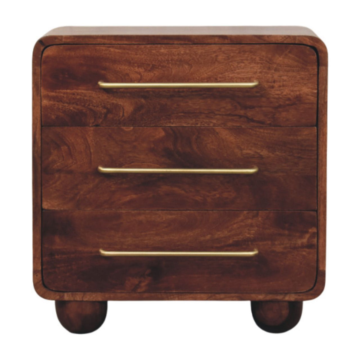 Commode arrondie en manguier massif teinte brun rouge, 3 tiroirs à poignées laiton et pieds cylindriques