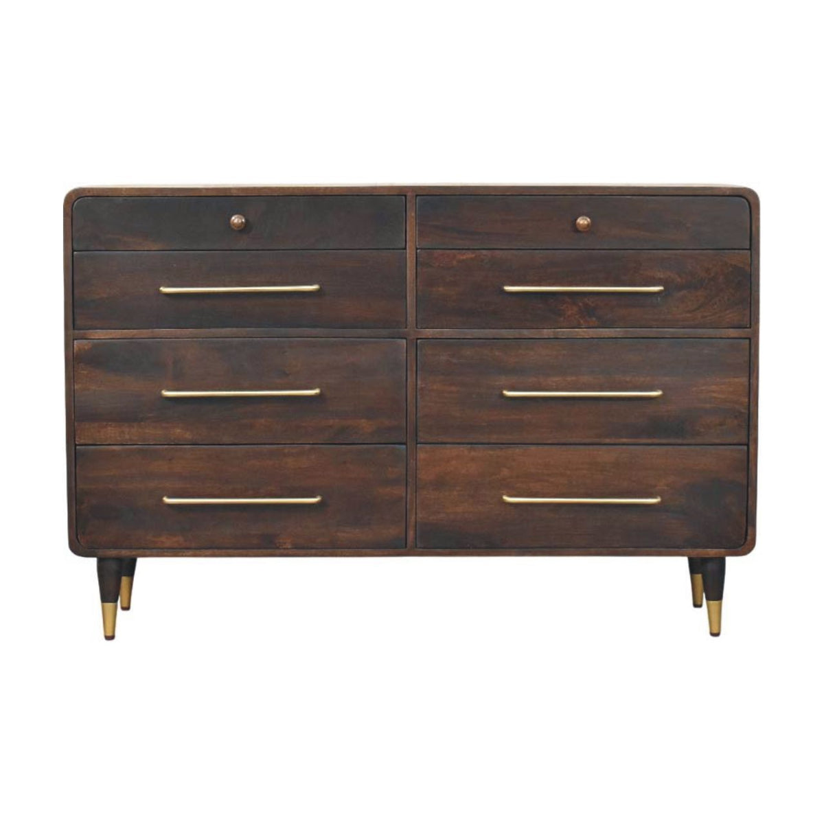 Commode arrondie en manguier massif teinte moka avec 6 tiroirs et fines poignées en laiton