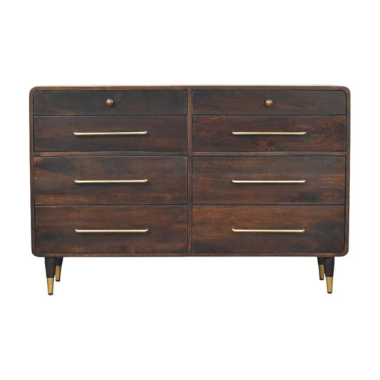 Commode arrondie en manguier massif teinte moka avec 6 tiroirs et fines poignées en laiton