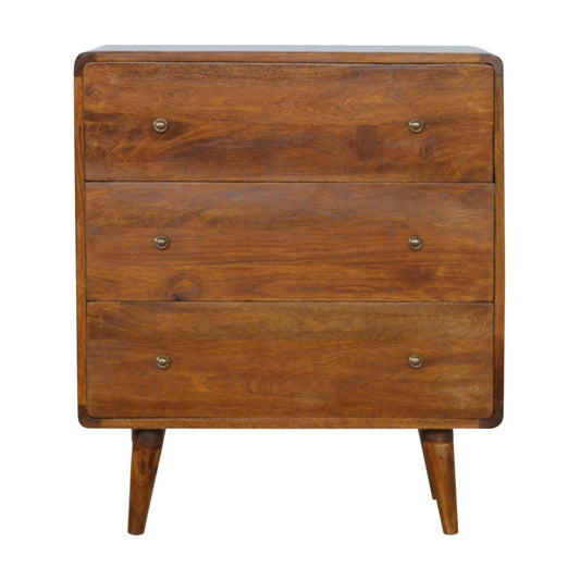 Commode arrondie en manguier massif teinte châtaigne, tiroirs à boutons brillants et pieds nordiques