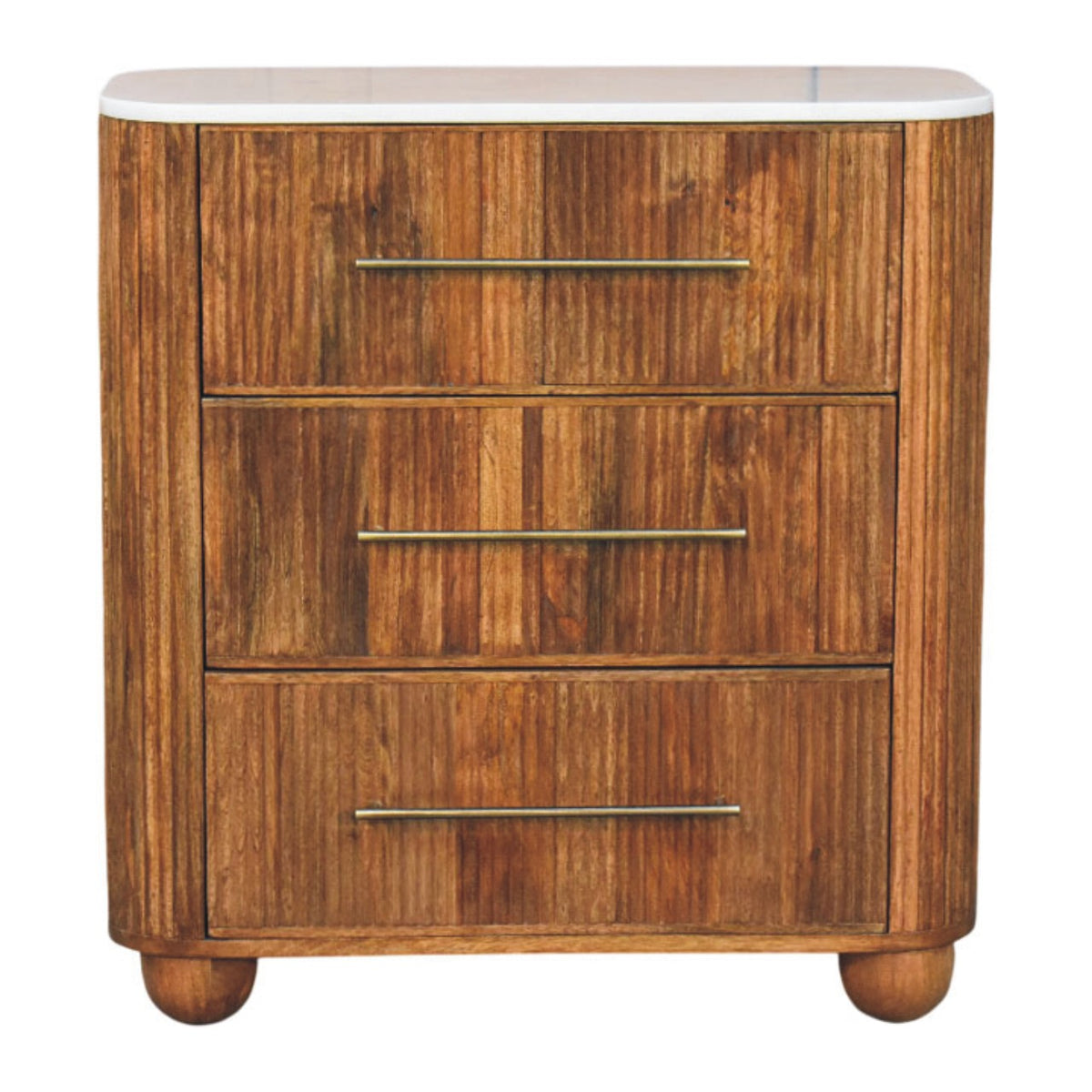 Commode cannelée en manguier massif teinte miel doré, plateau en marbre blanc, quatre tiroirs, pieds boule
