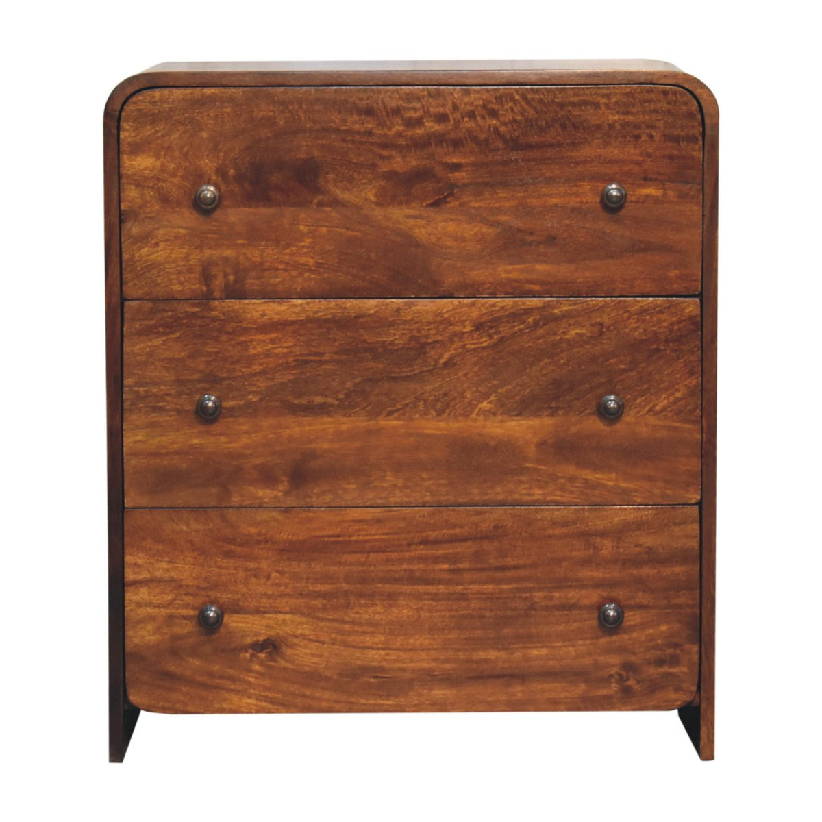 Commode étroite en manguier massif teinte châtaigne aux angles adoucis