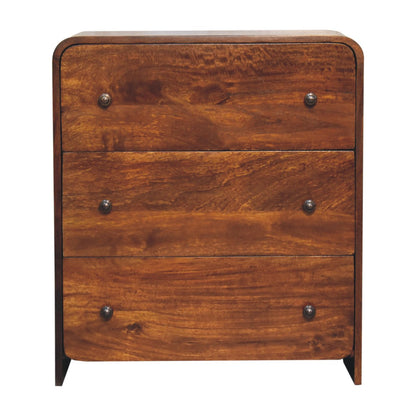 Commode étroite en manguier massif teinte châtaigne aux angles adoucis