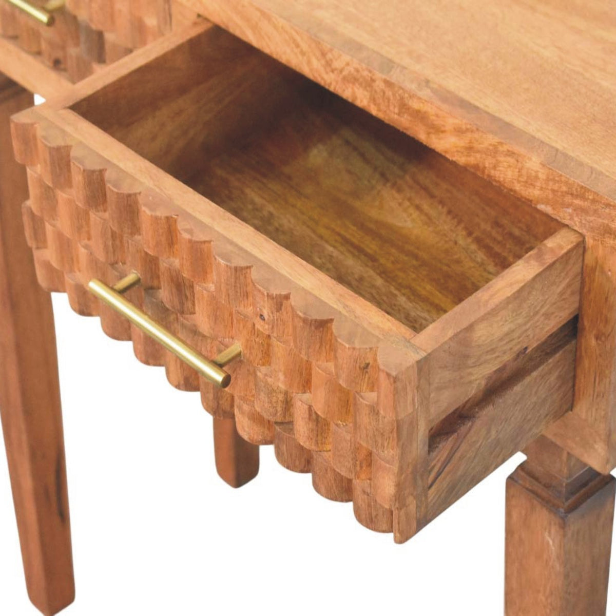 Console à 2 tiroirs sculptés en manguier massif – Miel doré – vue 6