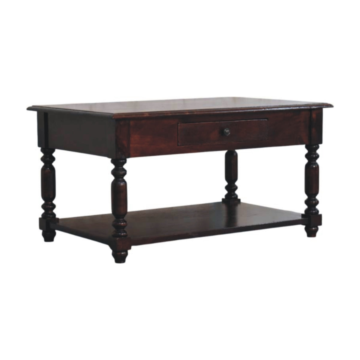 Console à pieds tournés et étagère en manguier massif – Brun cerise – vue 3