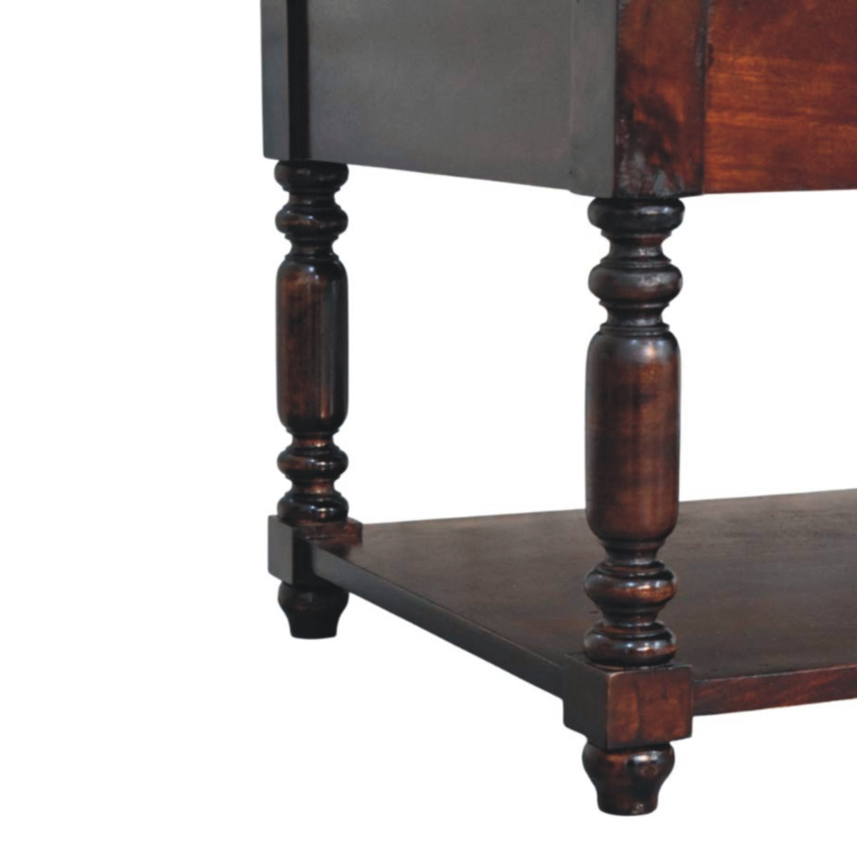 Console à pieds tournés et étagère en manguier massif – Brun cerise – vue 7