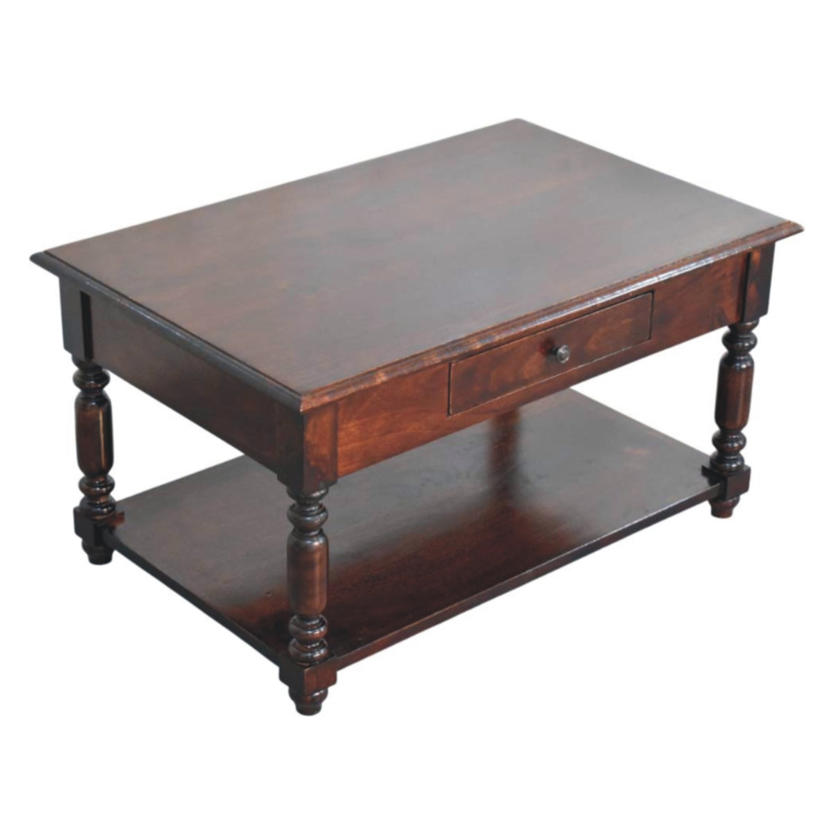 Console à pieds tournés et étagère en manguier massif – Brun cerise – vue 9