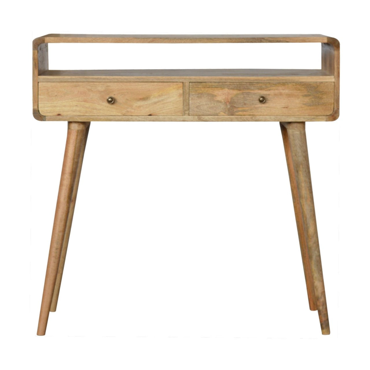 Console arrondie en manguier massif teinte naturelle, deux tiroirs, une niche ouverte et pieds scandinaves