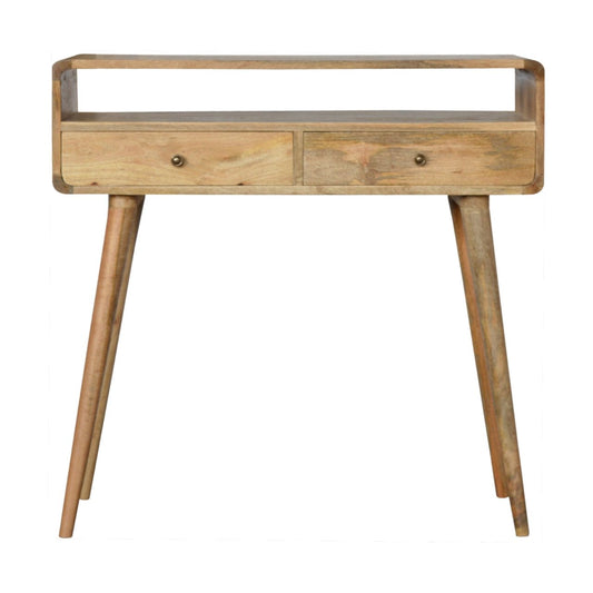 Console arrondie en manguier massif teinte naturelle, deux tiroirs, une niche ouverte et pieds scandinaves