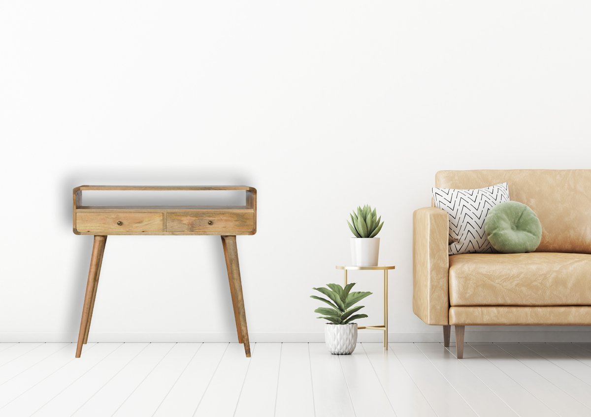 Console arrondie 2 tiroirs et niche en manguier massif – Naturel – mise en situation