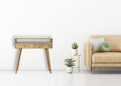 Console arrondie 2 tiroirs et niche en manguier massif – Naturel – mise en situation