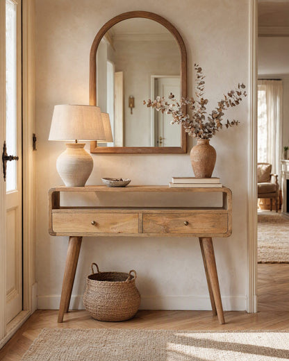 Console arrondie 2 tiroirs et niche en manguier massif – Naturel – mise en situation
