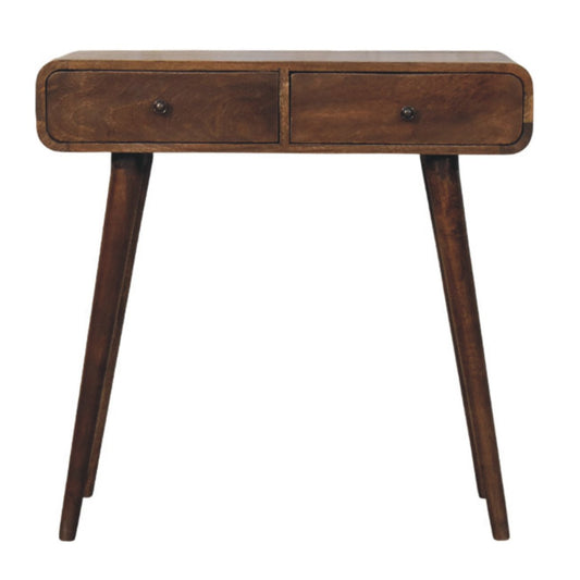 Console arrondie en manguier massif gris doux, 2 tiroirs à boutons en laiton et pieds nordiques