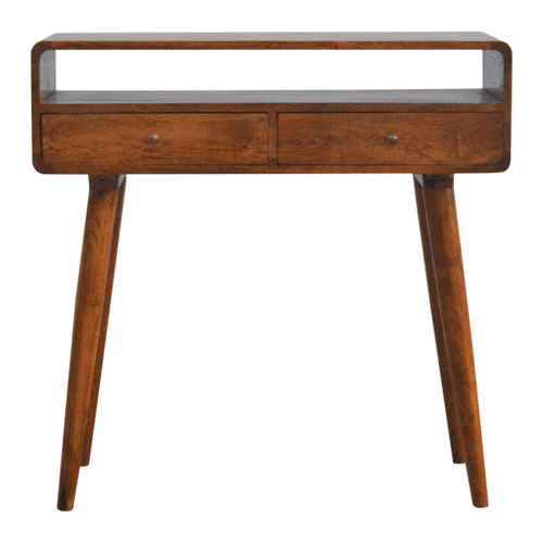 Console arrondie à 2 tiroirs et niche en manguier massif – Châtaigne – vue 10