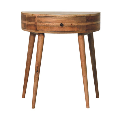 Console aux lignes arrondies en manguier massif teinte naturelle, bouton en laiton brillant