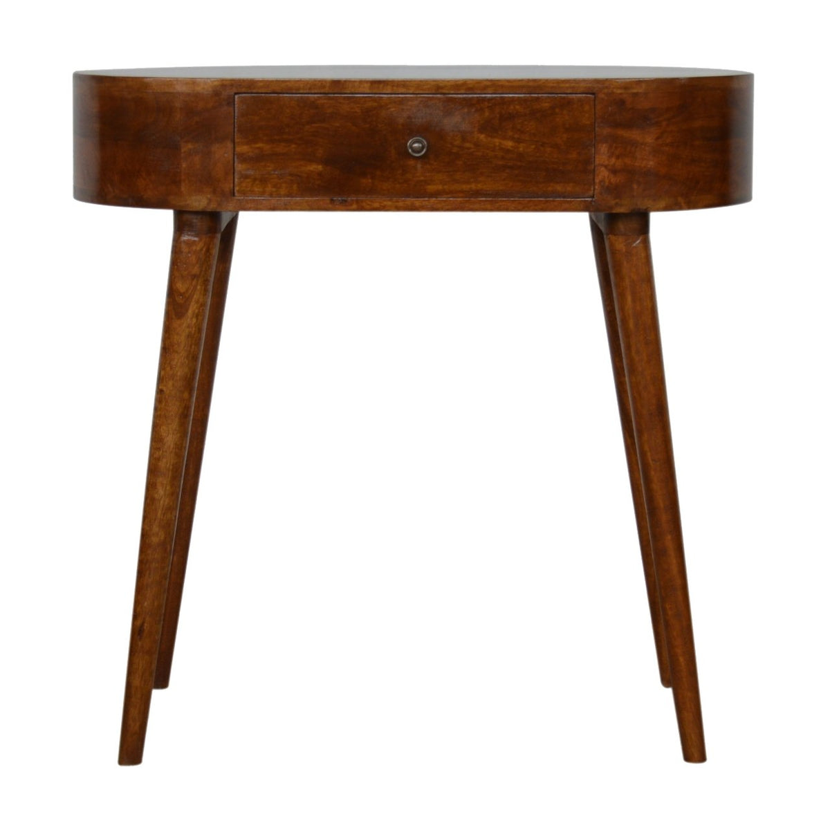 Console arrondie en manguier massif teinte châtaigne, un petit tiroir à bouton brillant, pieds nordiques