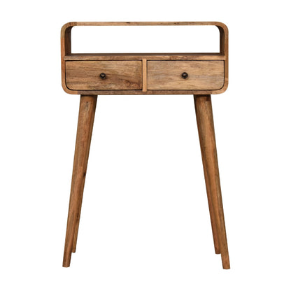 Console mini arrondie en manguier massif teinte naturelle, deux tiroirs, une niche et pieds scandinaves