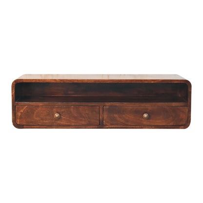 Console murale arrondie en manguier massif teinte noisette avec 2 tiroirs et grande étagère ouverte