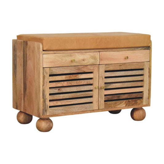 Meuble à chaussures assise cuir 2 tiroirs en manguier massif – Naturel – vue 2