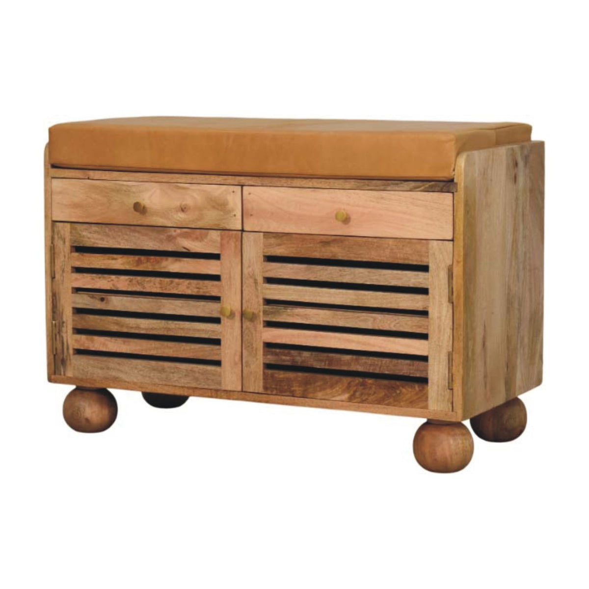 Meuble à chaussures assise cuir 2 tiroirs en manguier massif – Naturel – vue 3