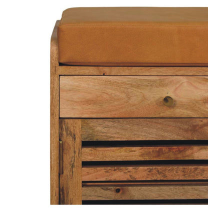 Meuble à chaussures assise cuir 2 tiroirs en manguier massif – Naturel – vue 4