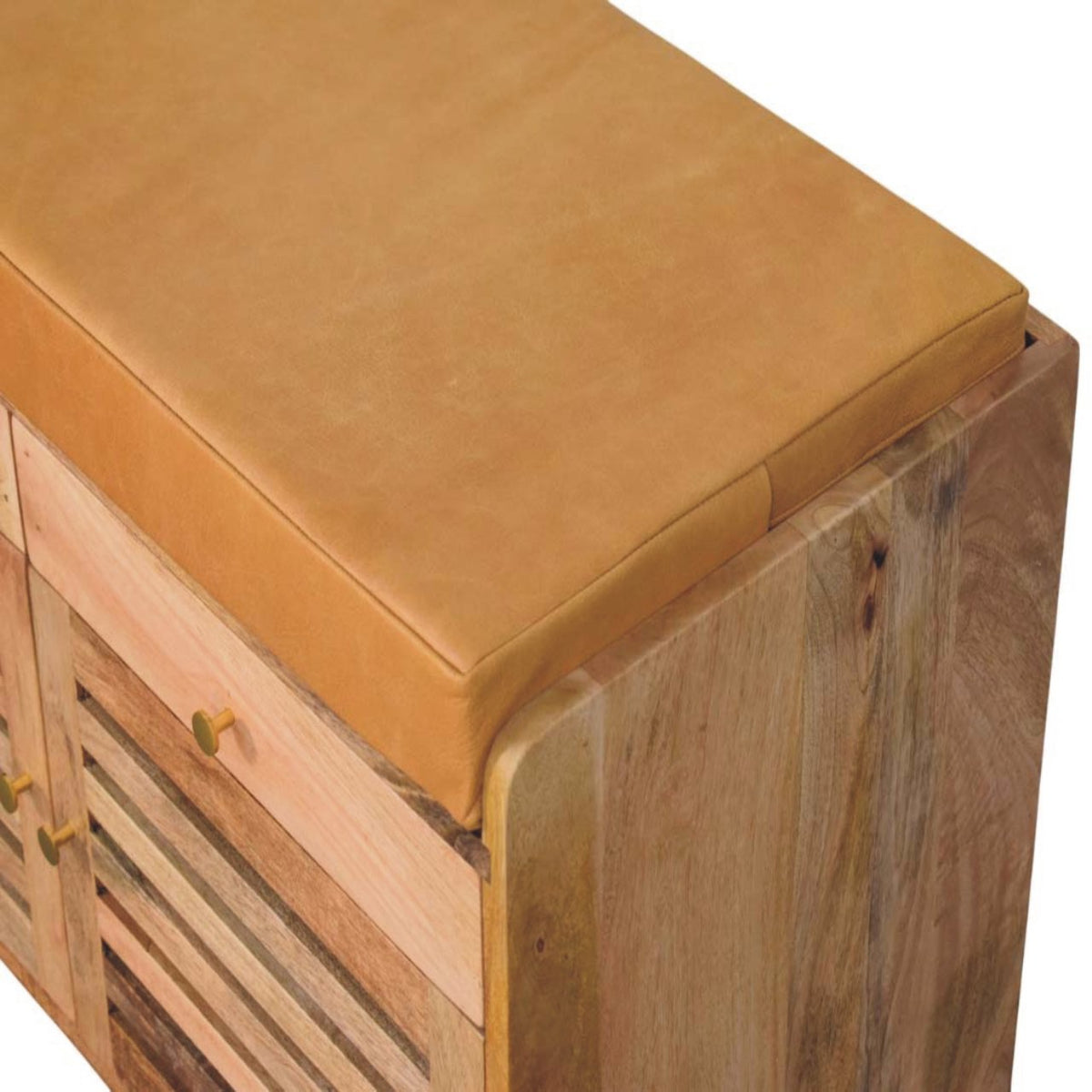 Meuble à chaussures assise cuir 2 tiroirs en manguier massif – Naturel – vue 5