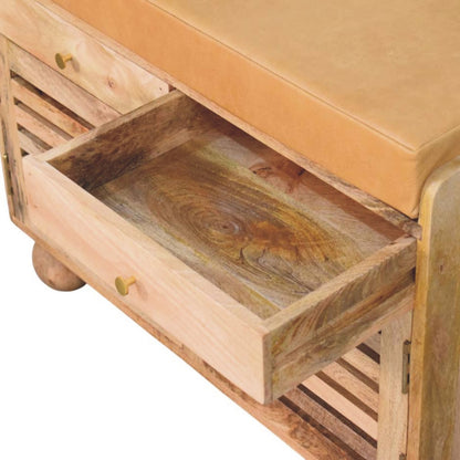 Meuble à chaussures assise cuir 2 tiroirs en manguier massif – Naturel – vue 6