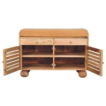 Meuble à chaussures assise cuir 2 tiroirs en manguier massif – Naturel – vue 8