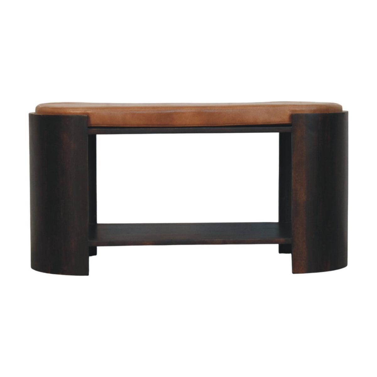 Banc à chaussures en manguier massif teinte moka, flancs galbés, assise en cuir et base ouverte