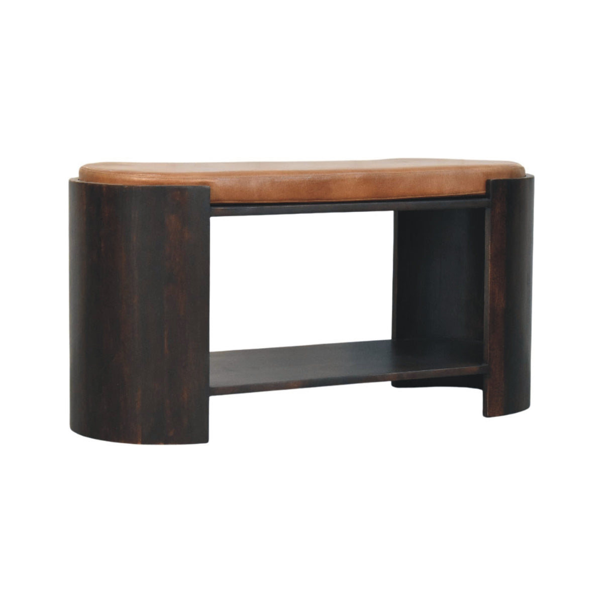 Meuble à chaussures banc à assise cuir en manguier massif – Moka – vue 2