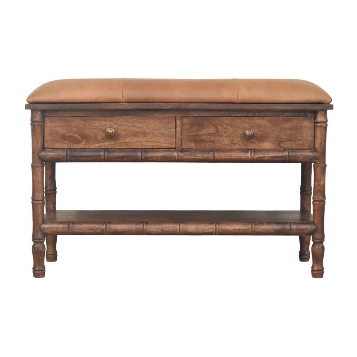 Meuble de rangement en manguier massif amande grillée, assise en cuir moka, 2 tiroirs et étagère basse