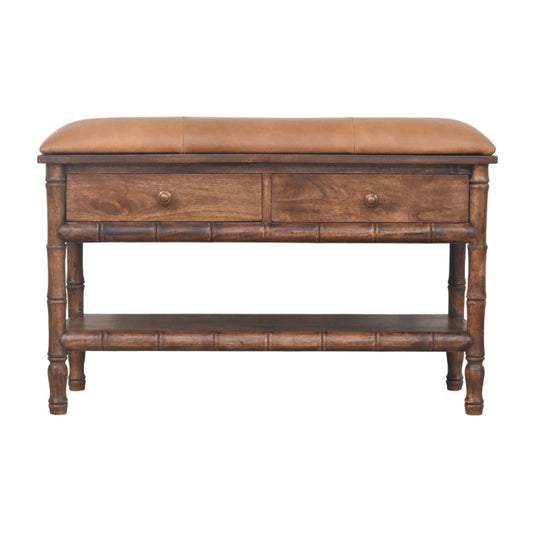 Meuble de rangement en manguier massif amande grillée, assise en cuir moka, 2 tiroirs et étagère basse