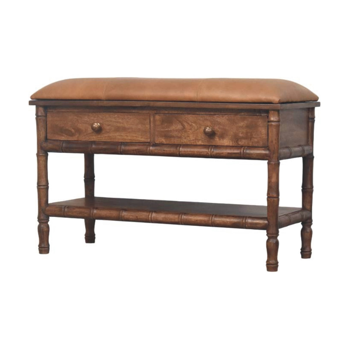 Meuble de rangement à assise cuir en manguier massif – Amande grillée – vue 3