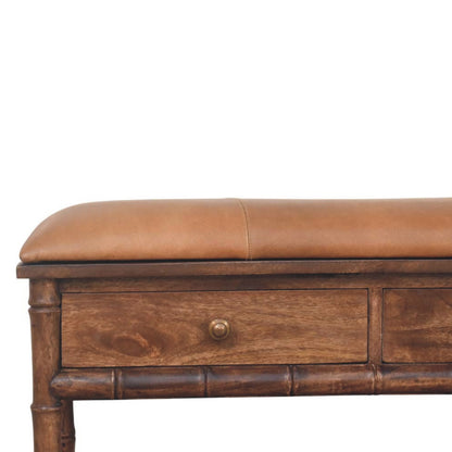 Meuble de rangement à assise cuir en manguier massif – Amande grillée – vue 4