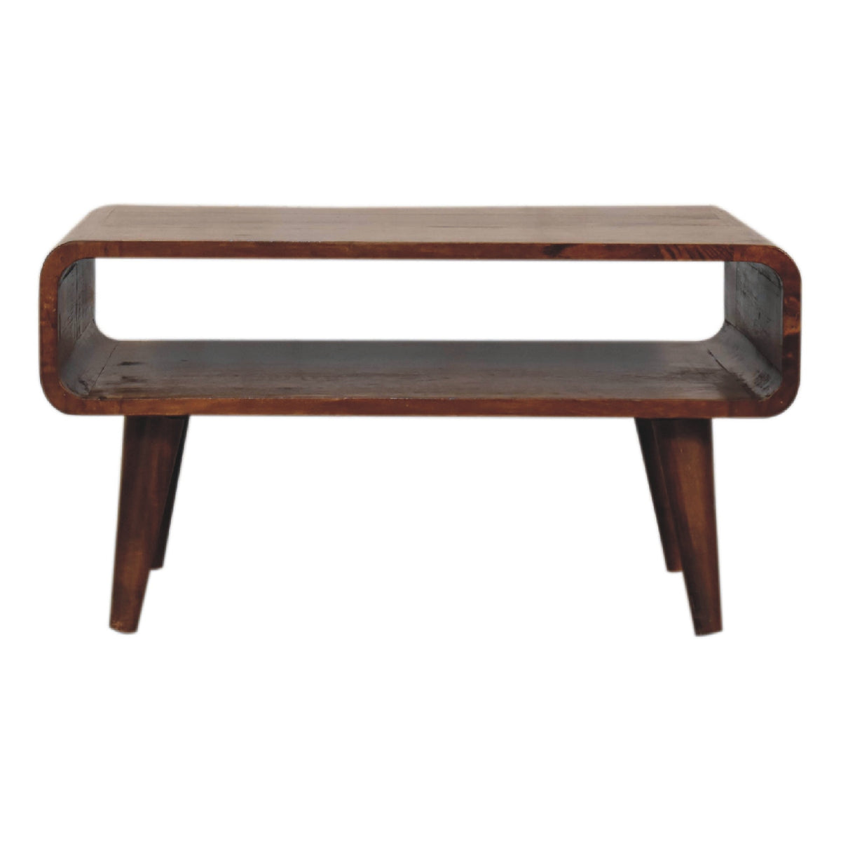 Meuble TV en manguier massif teinte châtaigne, compartiment ouvert, quatre pieds fuselés