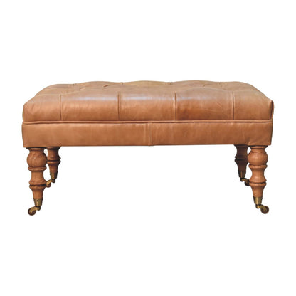 Pouf capitonné cuir de buffle en manguier massif – Noisette clair – vue 2