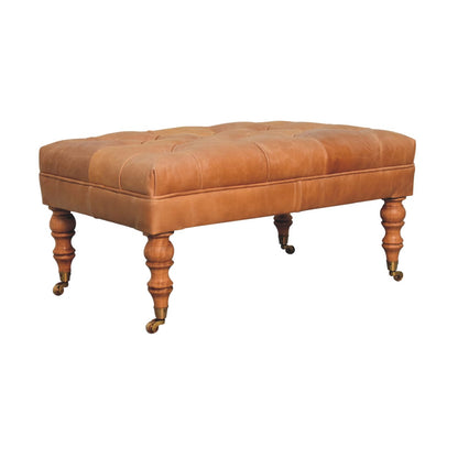Pouf capitonné cuir de buffle en manguier massif – Noisette clair – vue 3