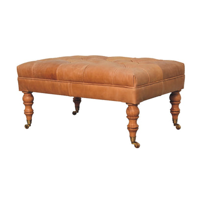 Pouf capitonné cuir de buffle en manguier massif – Noisette clair – vue 4