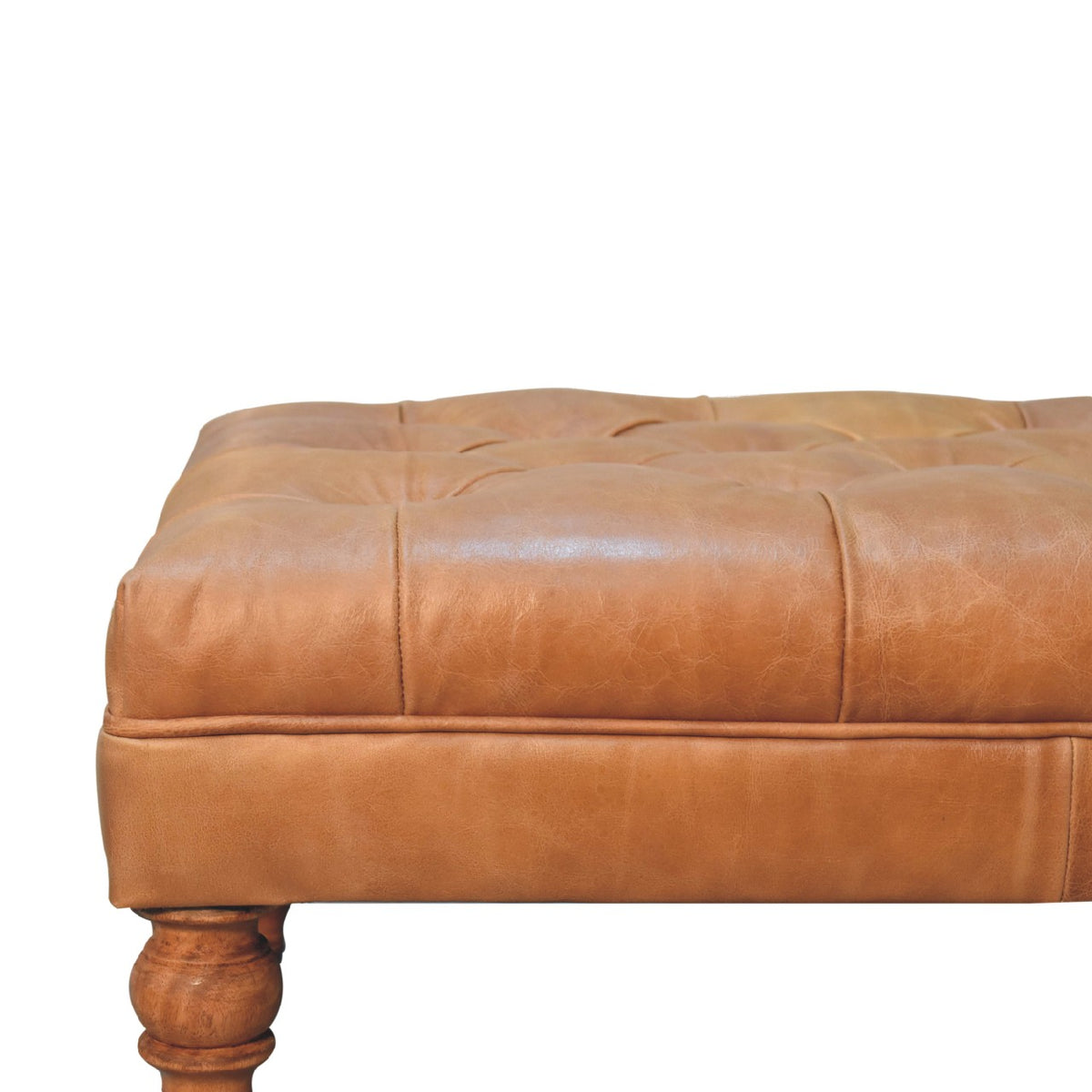 Pouf capitonné cuir de buffle en manguier massif – Noisette clair – vue 5